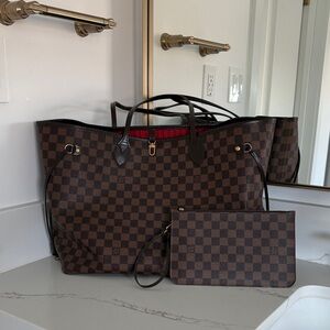 Brown Checkered Tote Bag with Pouch